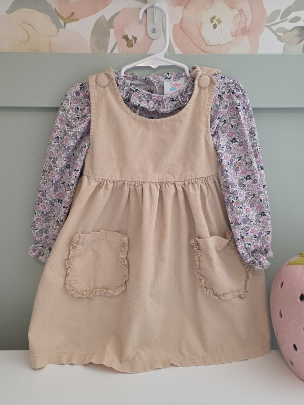 Stitchy Fish 3t Fall Corduroy Pinafore Dress with Floral Top Outfit Set Smocked